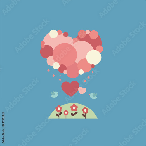 A whimsical illustration of a large heart made of colorful circles floating above a green hill with flowers, flanked by two cute birds and smaller hearts.