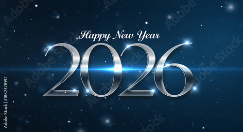 Happy New Year 2026 Silver Chrome Design on Dark Blue Background