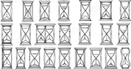 Time Measurement Industry: Detailed Hand-Drawn Black and White Line Art Collection of Vintage Hourglasses and Sand Timers. Vector Set for Concepts of Passing Time, History, and Education.
