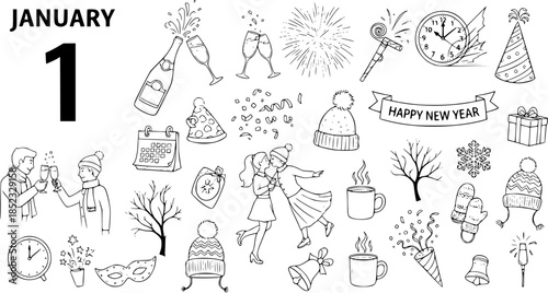 New Year Celebration Icons Set - January 1st Holiday Doodles in Black and White Line Art Style