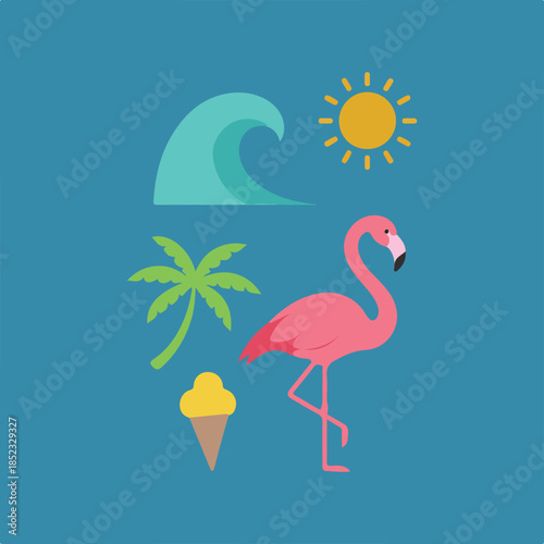 A vibrant flat-design illustration showcases summer vacation elements including a wave, sun, palm tree, flamingo, and ice cream on a blue background.