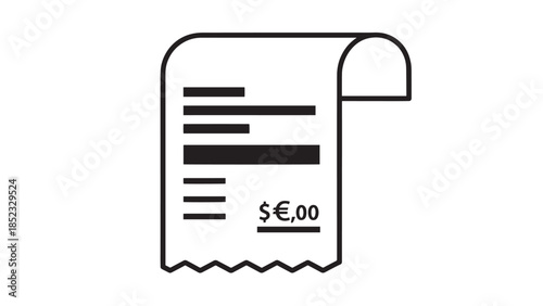 Simple receipt document icon with folded corner and lines of text for graphic design.