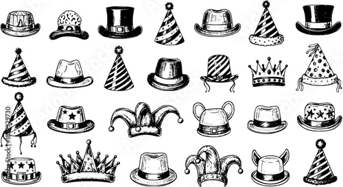 Black  White Hand Drawn Hats and Headwear Vector Sketch Set. Collection of Party Hats, Classic Headwear, Crowns, and Costume Accessories for Celebrations, Parties, and Fashion Design.