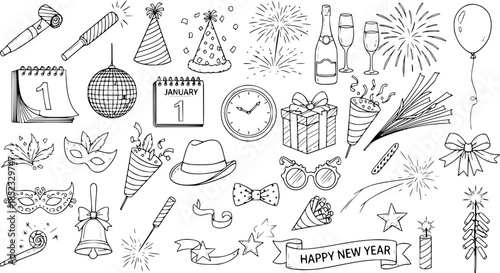 Hand Drawn Black and White Line Art New Year Celebration Doodle Icons Collection with Party Hats, Fireworks, Champagne, and Holiday Elements.