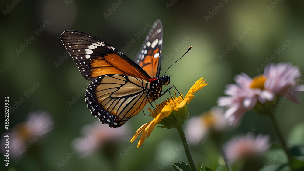 Fototapeta premium Beautiful monarch butterfly landing on a single yellow flower in a sunny garden. Nature concept