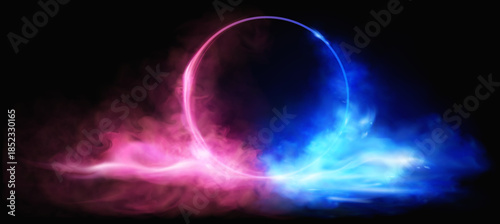 Abstract neon background with red and blue smoke clouds and a neon circle in the center. Neon glow effect. Neon smoke, fog. Vector illustration
