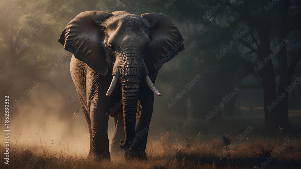 Fototapeta premium Large African elephant standing in misty forest with morning sunlight rays. Nature concept