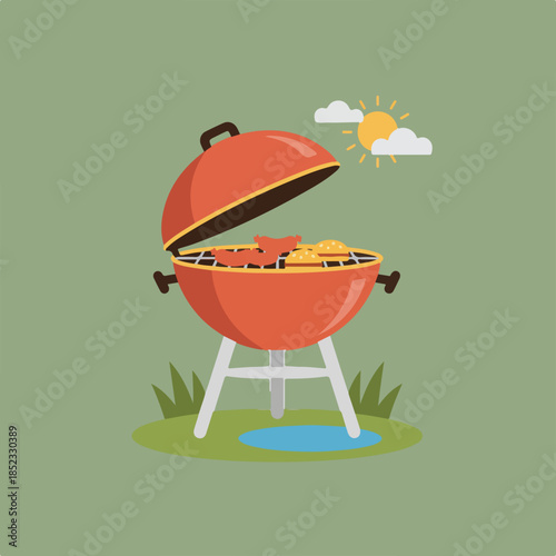 An open red barbecue grill cooks sausages and burgers on a sunny day outdoors, with grass, clouds, and a small puddle nearby.