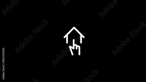 Minimalist home icon with hand pointing upwards on black background