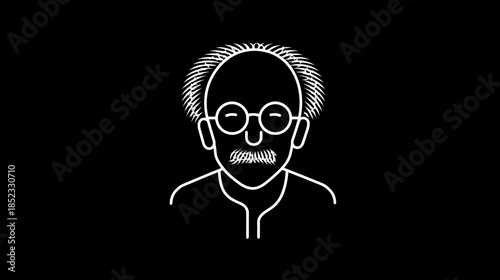 Minimalist illustration of an elderly man with glasses and a mustache on black