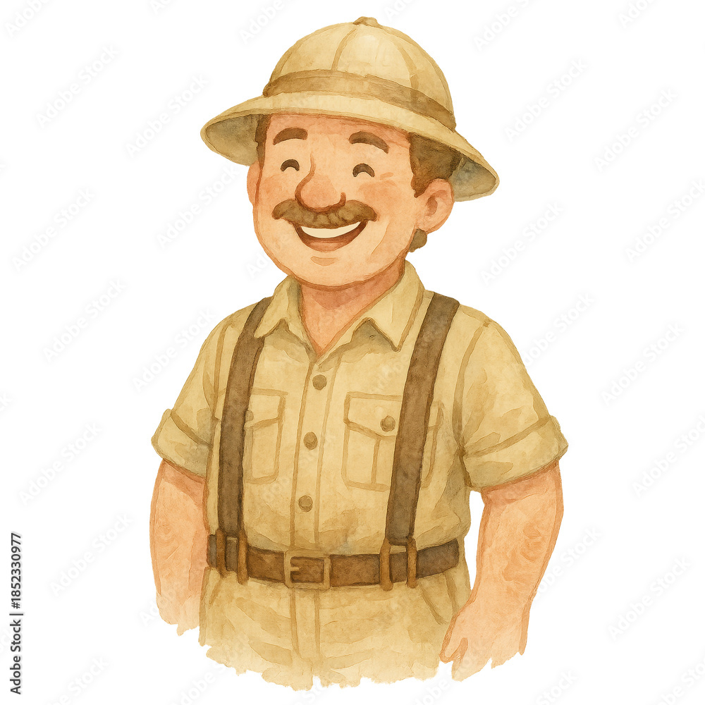 Obraz premium The Explorer: A jolly explorer, adorned in safari attire, radiates warmth with a smile, embodying the spirit of adventure.