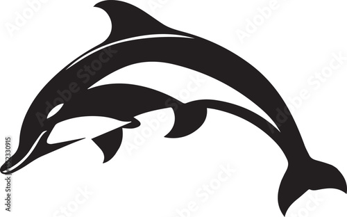 A sleek black silhouette of a dolphin gracefully leaping from the water