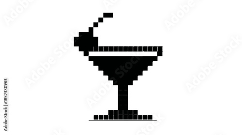 Pixelated cocktail glass icon black silhouette with cherry decoration