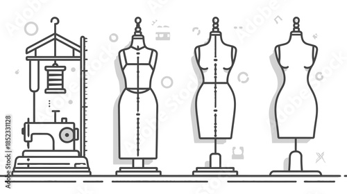 Fashion design elements dress forms sewing machine and spool illustration