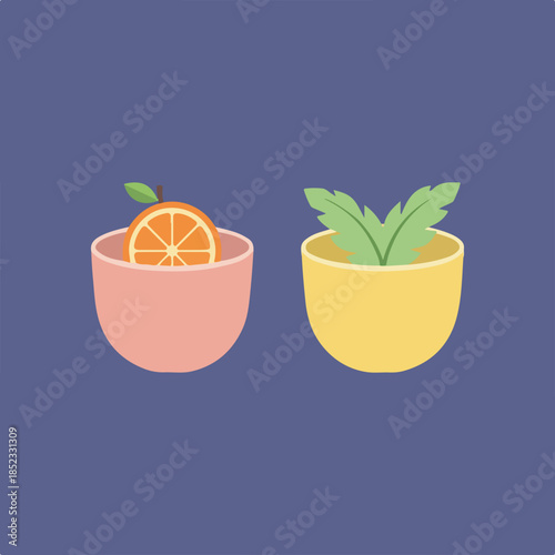 Two pastel-colored bowls, one with an orange slice and the other with green leaves, are depicted in a minimalist style on a purple background.