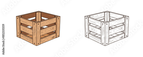 Empty wooden crate in cartoon and line art style using brown and white colors representing rustic storage container for fruits or vegetables and wooden packaging