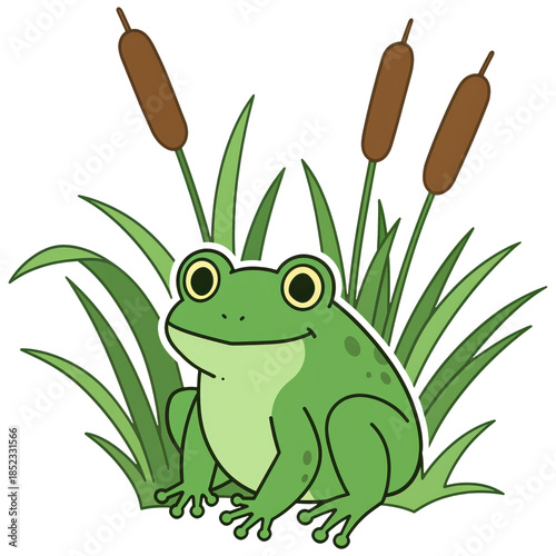 Smiling Frog in a Wetland Paradise: This charming illustration shows a cheerful green frog relaxing amidst lush wetland plants. Capturing the peace of nature.