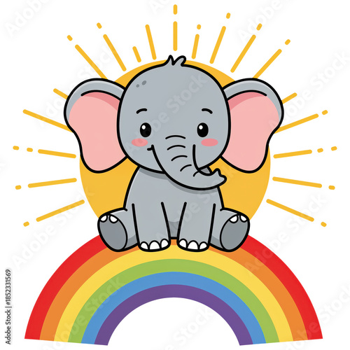 Whimsical Elephant's Colorful Dream: A charming illustration depicts a sweet elephant perched playfully upon a vibrant rainbow, basking in the glow of a radiant sun.