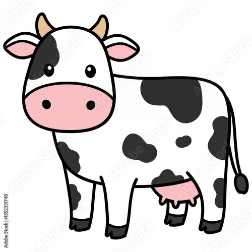 Adorable Cow Illustration: A charming cartoon cow with black spots, pink nose, and cute horns, standing in a playful pose, embodying farm life