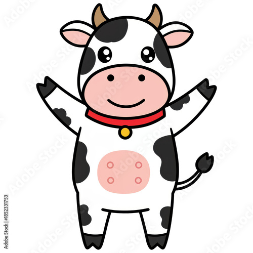 Cheerful Cow Mascot: A cute and friendly cartoon cow character with a happy expression and open arms, perfect for educational materials or children's designs.