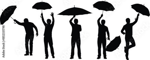 Business people silhouette collection holding umbrellas showing rain protection weather walking poses isolated on white background for insurance safety lifestyle design concepts
