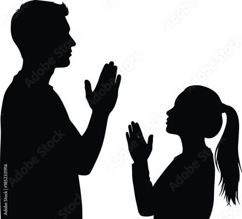 Father and child praying silhouette showing family faith spirituality devotion isolated on white background for religion belief worship parenting design concepts