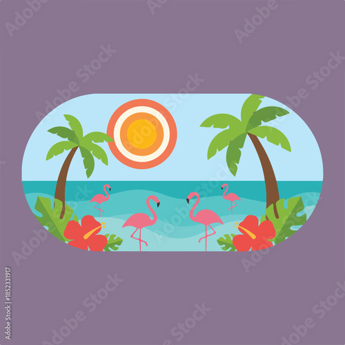 An illustration of a vibrant tropical beach scene with pink flamingos, towering palm trees, a bright sun, ocean waves, and red hibiscus flowers.