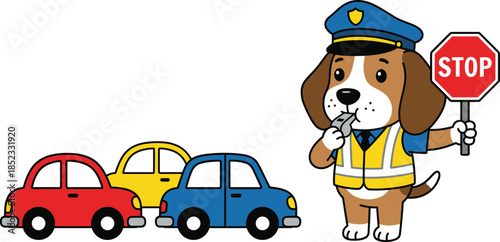 Cute cartoon dog traffic police holding stop sign and whistle, controlling cars on road, children safety education illustration