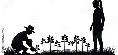 Gardening couple silhouette showing man planting seedlings and woman observing plant growth isolated on white background for sustainability nature lifestyle design concepts