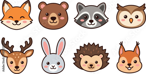 Cute woodland animal face icon set with fox, bear, raccoon, owl, deer, rabbit, hedgehog cartoon illustration