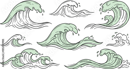 Hand drawn ocean wave illustration set, sea water splash line art style, surfing tsunami marine graphic elements