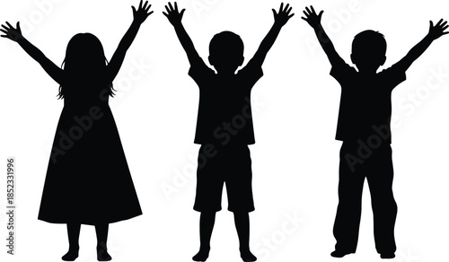 Happy children silhouette collection with raised hands showing joy celebration freedom isolated on white background for childhood education charity lifestyle design concepts