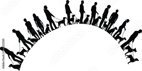 People walking dogs silhouette panorama showing pet owners companionship routine isolated on white background for lifestyle community animal care design concepts