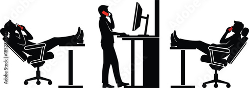 Office worker silhouette collection showing sitting reclining standing desk computer work phone calls isolated on white background for modern workplace design concepts