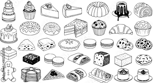 Delicious Baked Goods, Desserts, and Pastries - Hand-drawn Black and White Line Art Set for Bakery and Sweet Food Industry. Collection of Cakes, Donuts, Cupcakes, and more Outline Illustrations.
