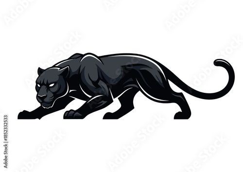 A sleek, powerful black panther crouches low, ready to pounce, with intense yellow eyes.