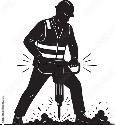 Construction Worker Using Jackhammer Vector Silhouette