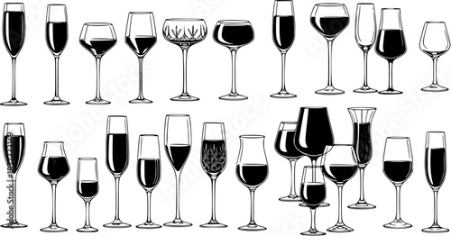 Vector Black and White Line Art Illustration Set of Wine Glasses, Champagne Flutes, and Stemware. Outline Glassware Collection for Alcoholic Beverages, Bar, Restaurant, and Celebration Design.