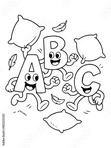 Playful ABC's: Lively animated letters 'A', 'B', and 'C' frolic amidst fluffy pillows and feathers, bringing education to life in a cheerful cartoon style.