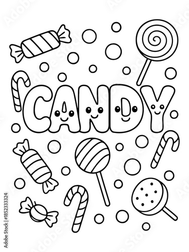 Candy Delight: A joyful and whimsical illustration, featuring the word candy surrounded by delightful sweets and treats, creates a world of sugary happiness.