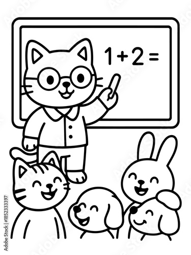 Math Class with Furry Friends: A charming cartoon depicts a cat teacher leading an engaging math lesson for a group of attentive animal students.