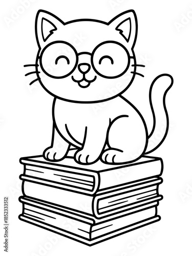 Literary Cat: A cute cat with glasses sits atop a stack of books, it invites you to explore the world of knowledge. it shows the joy of reading and the endless possibilities