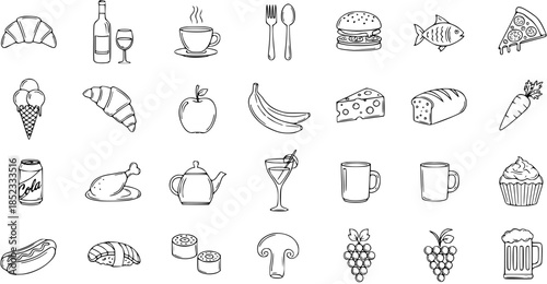 Food and Drink Hand-drawn Line Art Icon Set. Black and white outline collection of various meals, beverages, snacks, and ingredients like fruits, vegetables, and fast food, ideal for menus