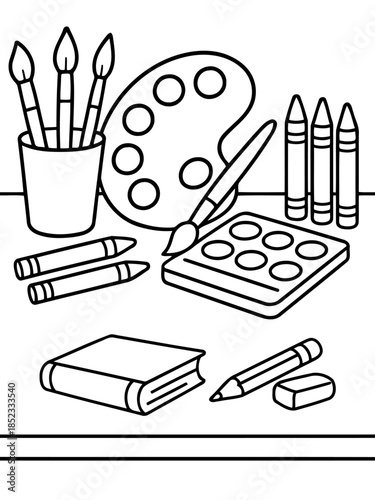 Art Supplies Essentials: An array of art essentials, meticulously arranged, including brushes, palette, crayons, watercolor, book, pencil, and eraser, forming a creative still life