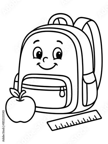Backpack and Apple: A charming and friendly backpack sits beside a crisp, red apple and ruler, ready for a day of learning.