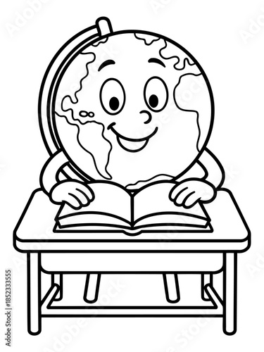 Globe Student: An illustrated globe personified as a student, diligently studying at a desk. The image captures the essence of education and the pursuit of knowledge.