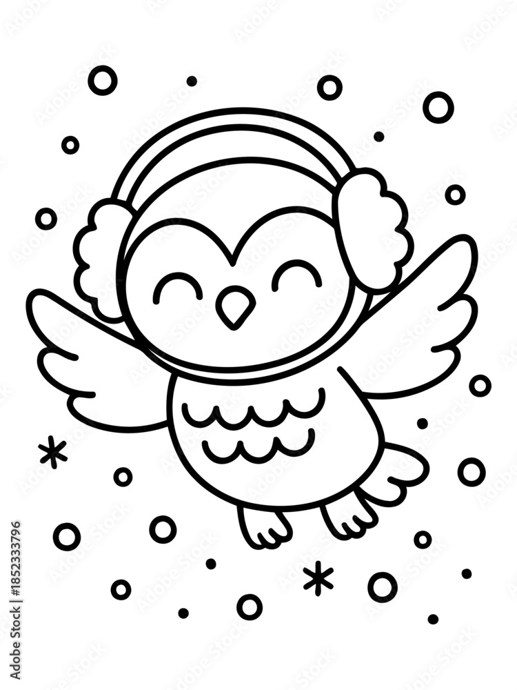 Fototapeta premium Winter Owl Illustration: An adorable owl with earmuffs amidst a gentle snowfall. The charming owl is smiling. Perfect for winter-themed projects, children's books, or festive designs.