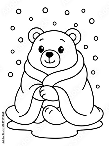 Cozy Bear: A cute cartoon bear snugly wrapped in a blanket, enjoying a snowy day with snowflakes gently falling around, capturing the warm comfort and innocence of a winter wonderland.