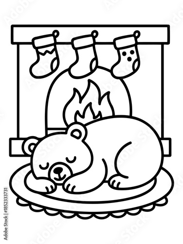 Cozy Christmas Nap: A serene cartoon bear dozes peacefully in front of a warm fireplace decorated with festive stockings, a scene perfect for the holiday season.