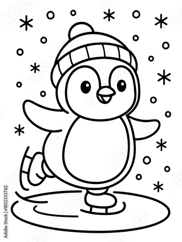 Penguin's Winter Glide: A delightful penguin, adorned in a cozy cap, joyfully glides across an icy rink as snowflakes gently descend, evoking the magic of winter.